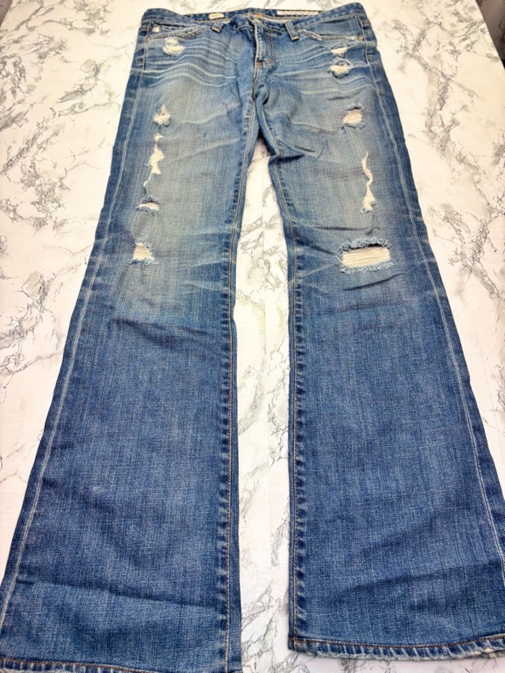 Ag Adriano Goldschmied Angel Y2K Distressed Mid Blue Low Bootcut Jeans Size 28